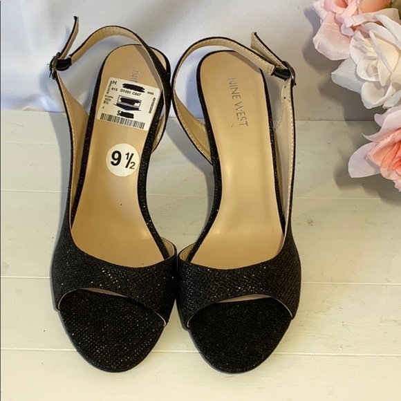 𝅺nine West Sz9.5 Black Sparkling Sling Back Heels - Picture 1 of 6